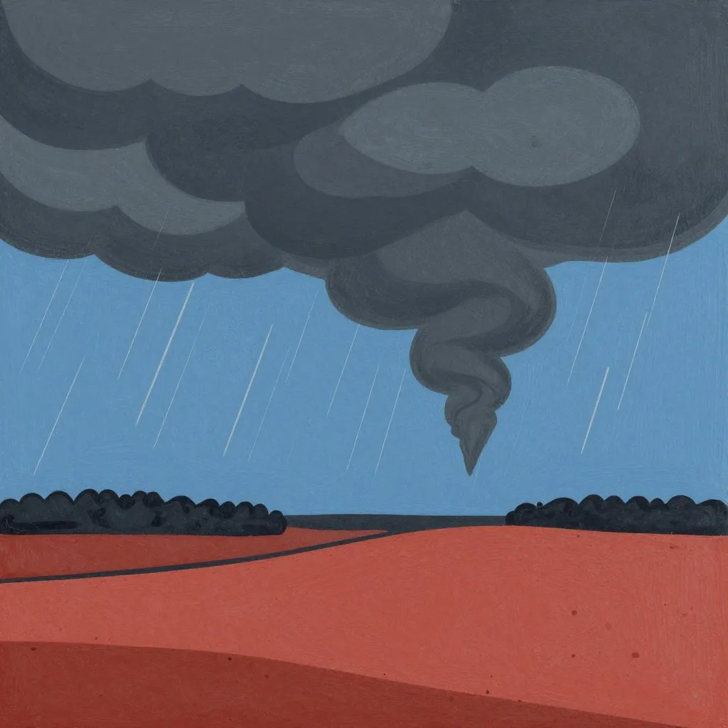A wide flat Arkansas landscape with dark funnel clouds descending from a turbulent sky, bold diagonal rain lines, deep grey and red earth tones