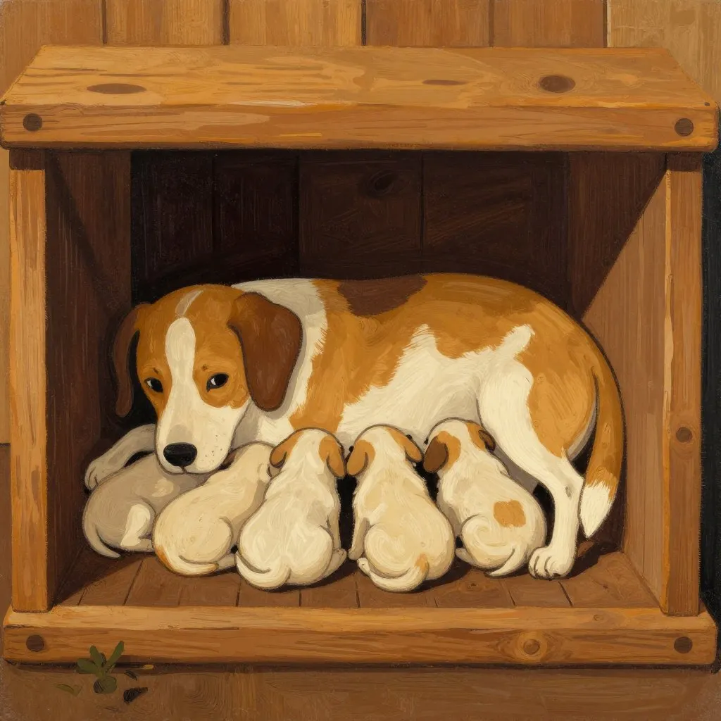 A mother dog nursing four tiny newborn puppies in a dark crawl space under a wooden structure, seen in cross-section, warm amber and deep shadow tones