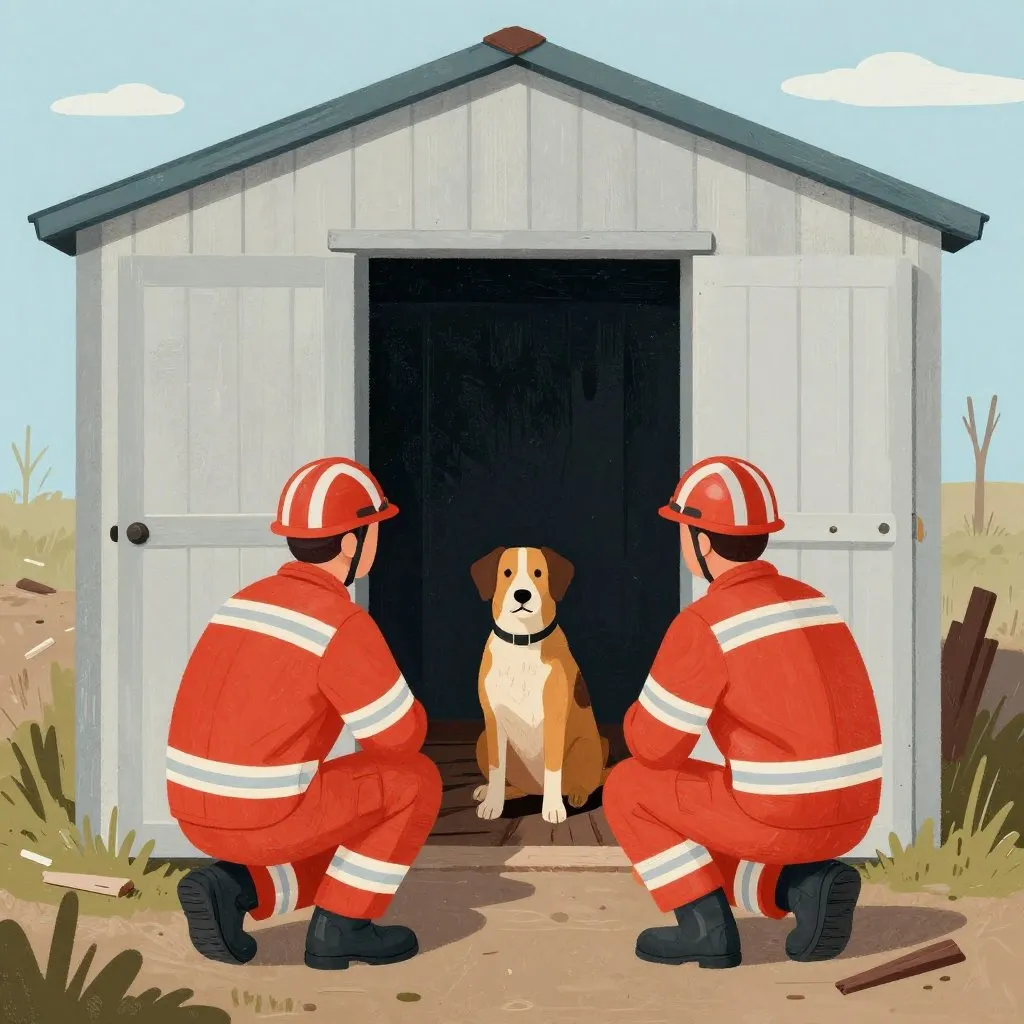 Two rescue workers crouching at the opening of a shed looking in at a cautious dog in the shadows, post-storm debris around them, muted red and sky blue tones