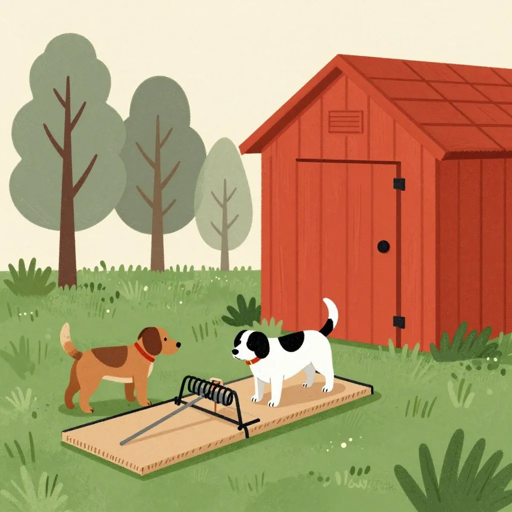 A wire humane trap set near a wooden shed with a dog carefully approaching it, flat patterned grass and trees, warm red and grey-green tones