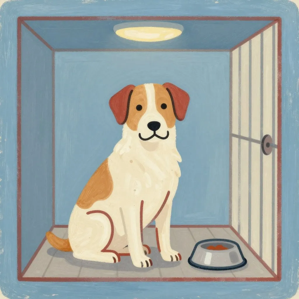 A dog sitting alone in a shelter kennel, alert ears, cautious posture, a food bowl in front of her, soft overhead light, sky blue and warm cream tones