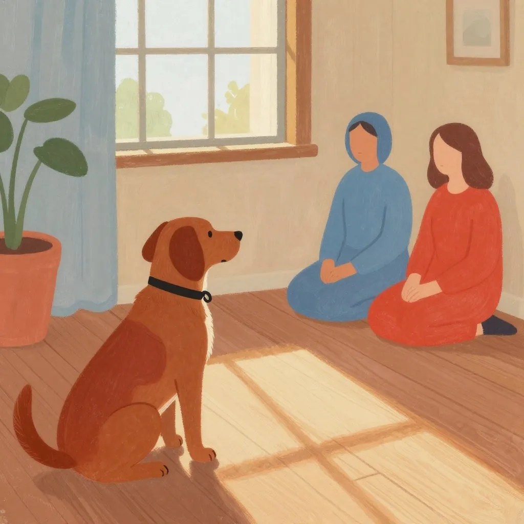 A dog sitting in a sunny patch on a wooden floor inside a home, watching two figures settle quietly nearby without approaching, gentle light through a window, warm red and soft amber tones