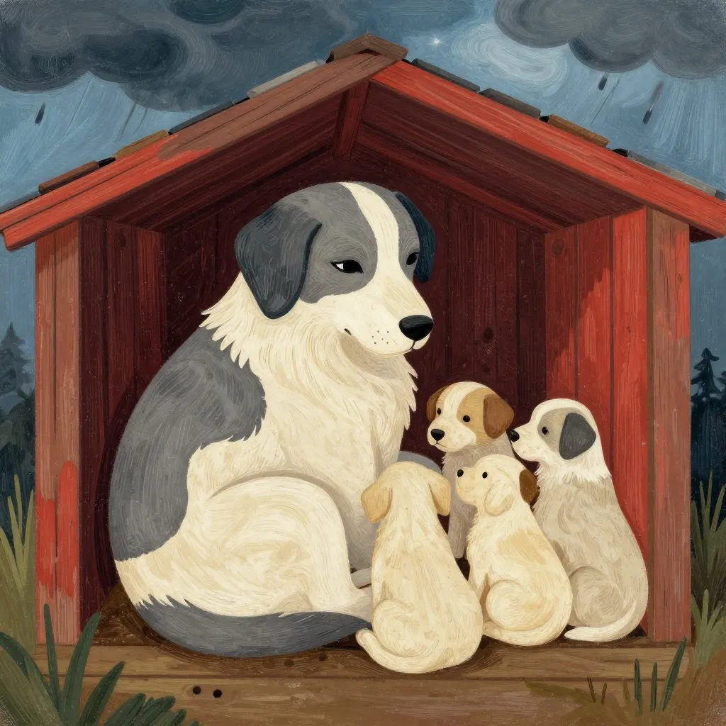 A mother dog curled protectively around four tiny puppies in the dark beneath a wooden shed, storm clouds visible through a gap above, fierce and tender mood