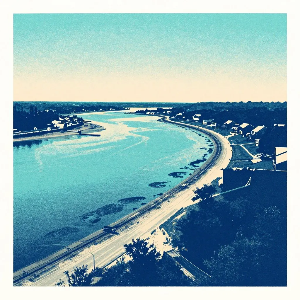 An aerial-style view of Cape Cod's curved shoreline with Wellfleet Harbor visible at the bend, low tide exposing dark mud flats, still and ominous mood before the rescue begins