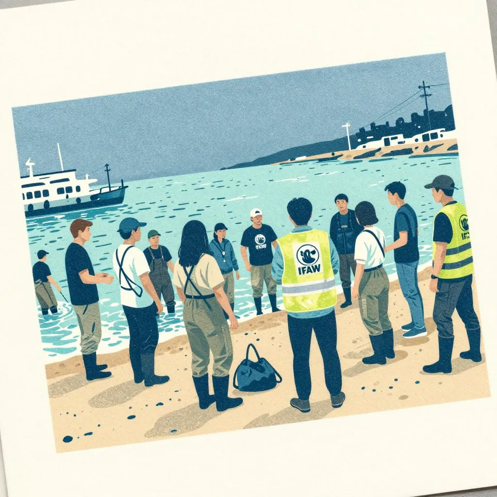 A crowd of volunteers in boots and waders gathering at the edge of a harbor, some already wading in, others receiving instructions from a person in an IFAW vest, determined and chaotic morning energy