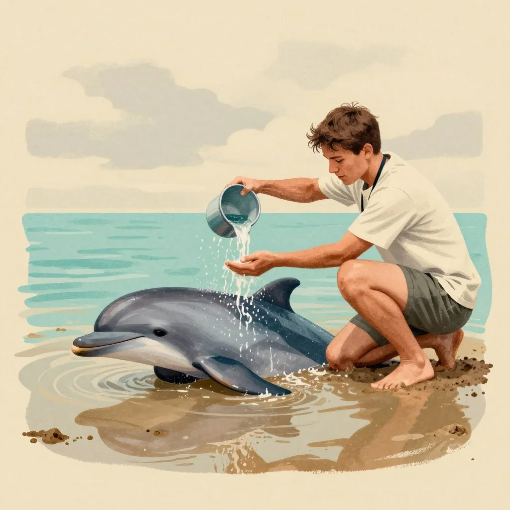 A lone volunteer crouching in shallow mud beside a stranded dolphin, pouring handfuls of seawater over its back to keep it wet, patient and tender mood, grey overcast sky reflected in the wet mud