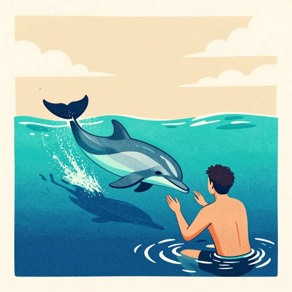 A dolphin slipping back into deeper water just past the hands of a rescuer, its tail catching light as it dives, the rescuer watching from knee-deep water