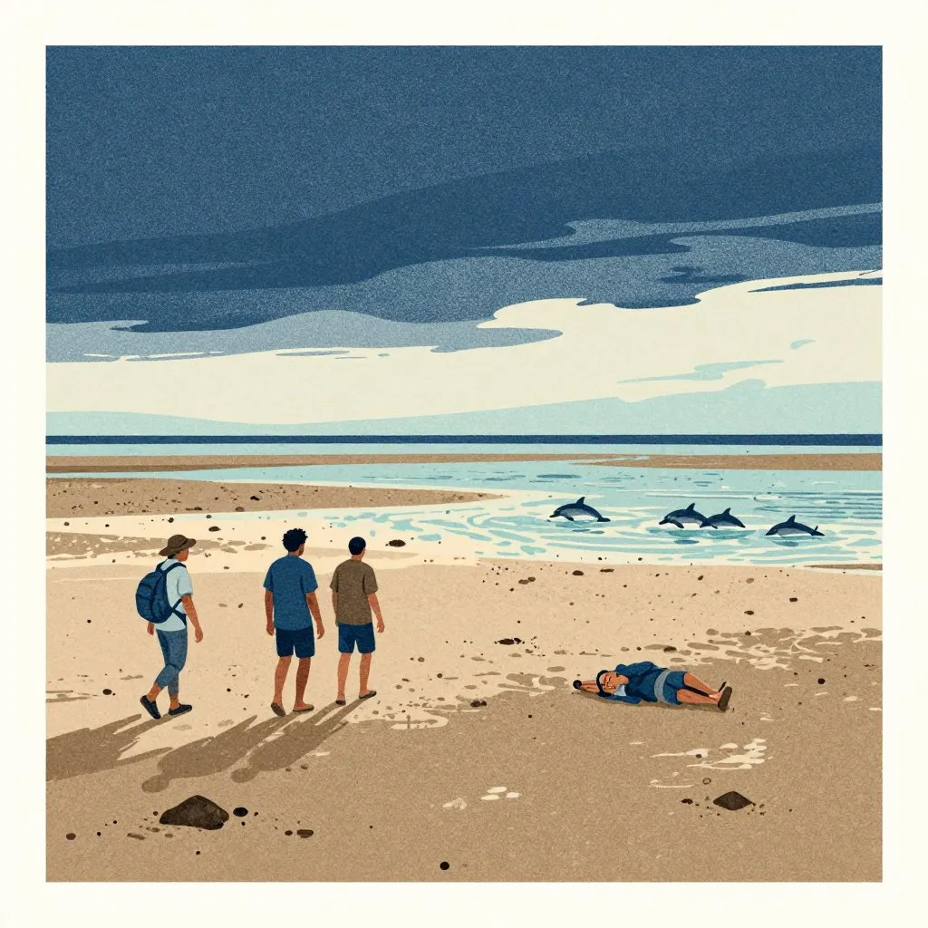 Volunteers walking back across the mud flat at the end of the day, low tide still exposed, a few exhausted figures looking out at the open water where the dolphins swam away, quiet and worn mood