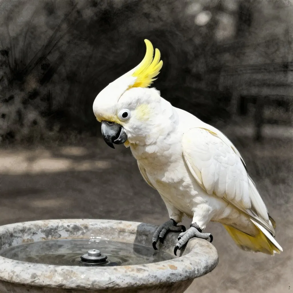A single white cockatoo examining a park drinking fountain closely, head tilted sideways, foot hovering near a foot pedal, dappled park light