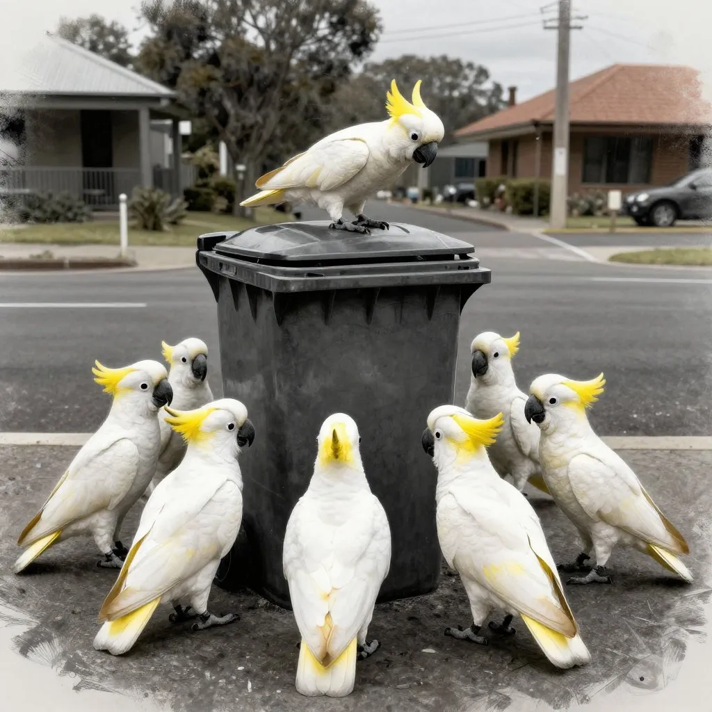A flock of sulphur-crested cockatoos gathered around a wheelie bin in a suburban Sydney street, one bird lifting the lid, others watching, overcast daylight