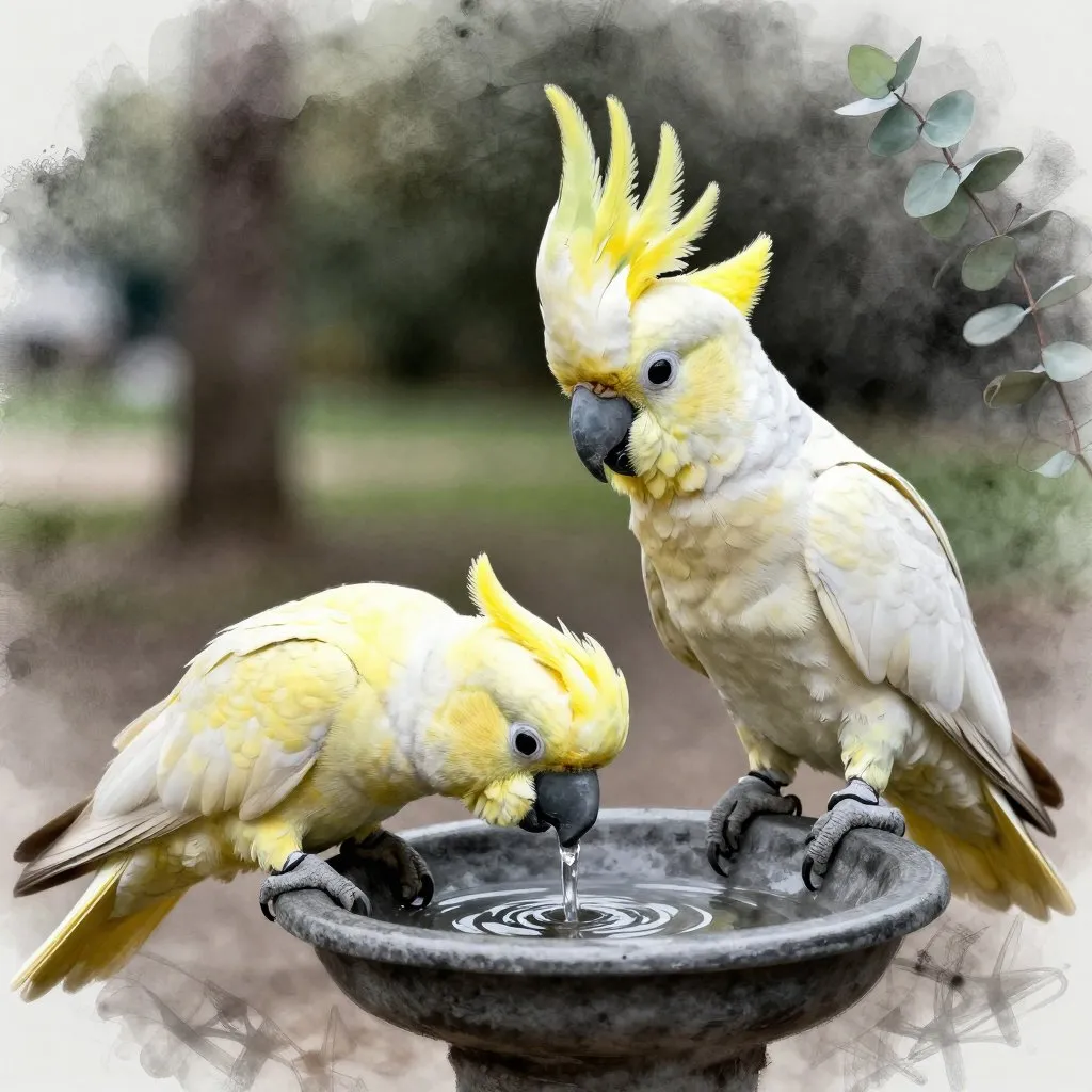 Two cockatoos at a drinking fountain, one operating the pedal and drinking, one watching from inches away with intense focus, bright park background softly blurred