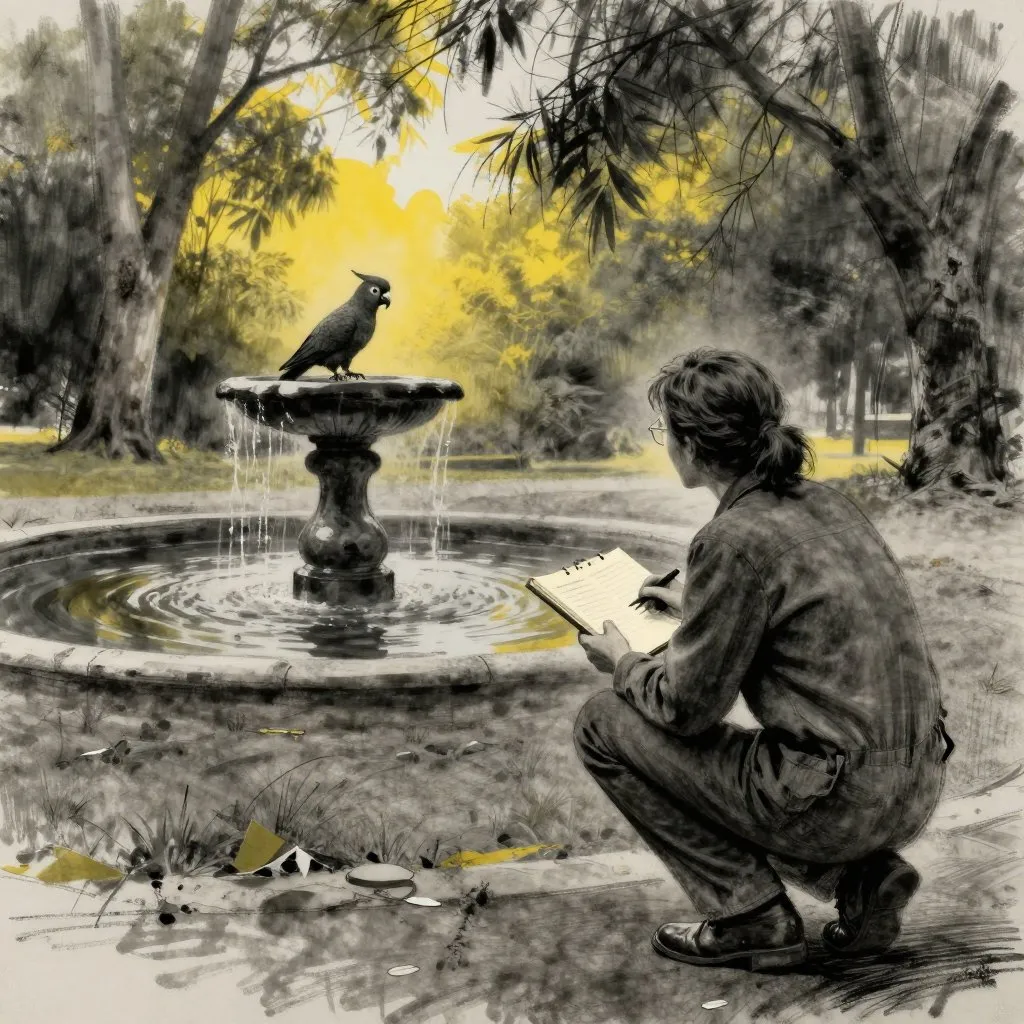 A researcher in a park crouching with a notebook, watching a cockatoo at a fountain in the middle distance, afternoon light through eucalyptus trees