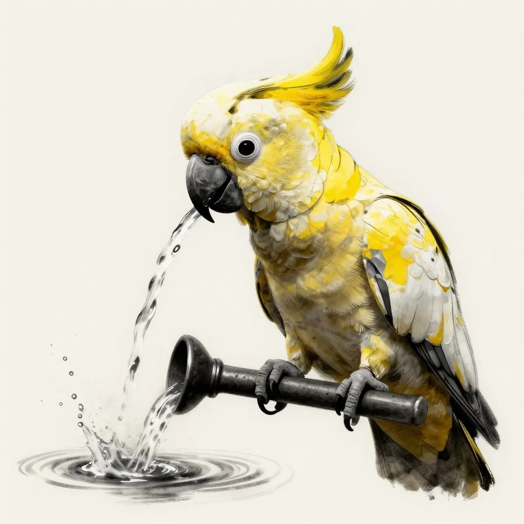 A cockatoo gripping a fountain handle with its beak and foot, mid-action, water beginning to flow, expression of concentration, isolated against a pale background