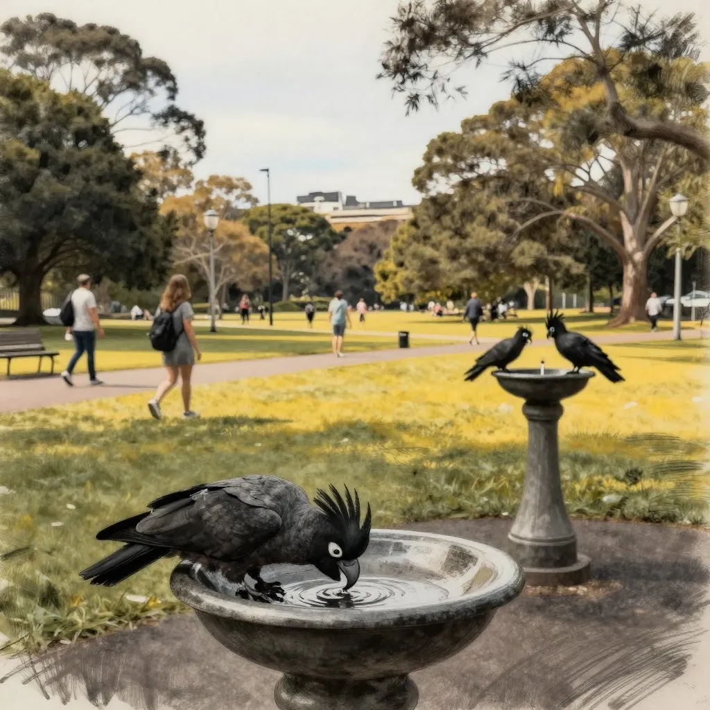 A wide view of a Sydney park with three cockatoos at different drinking fountains in the background, one in the foreground drinking, park visitors walking past without noticing, warm afternoon light