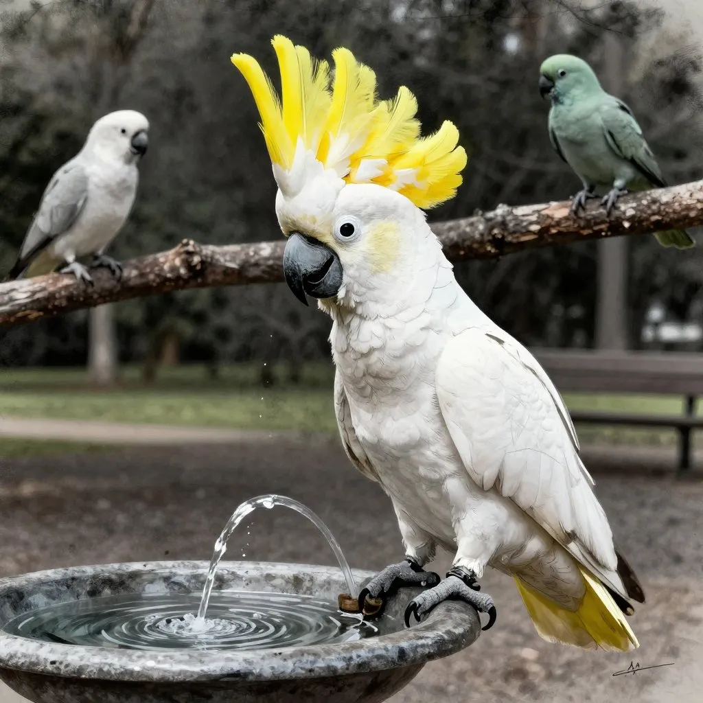 A large white cockatoo with a raised sulphur-yellow crest standing at a park drinking fountain with one foot on the pedal, water arcing from the spout, other birds watching from a nearby branch