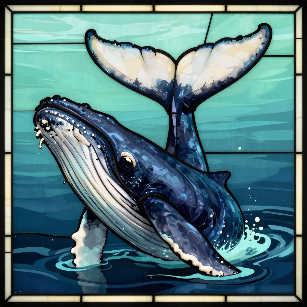 Close-up of a humpback whale's tail flukes rising from the water, the underside showing distinct black and white markings, calm open ocean behind it