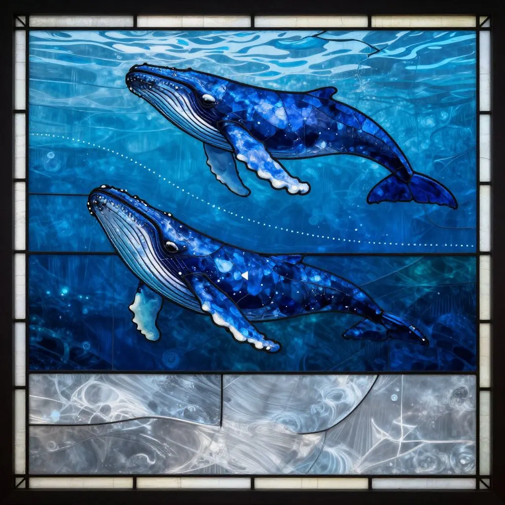 A humpback whale swimming through vast open ocean, a subtle dotted path line curving behind it across three distinct bands of color representing different ocean zones