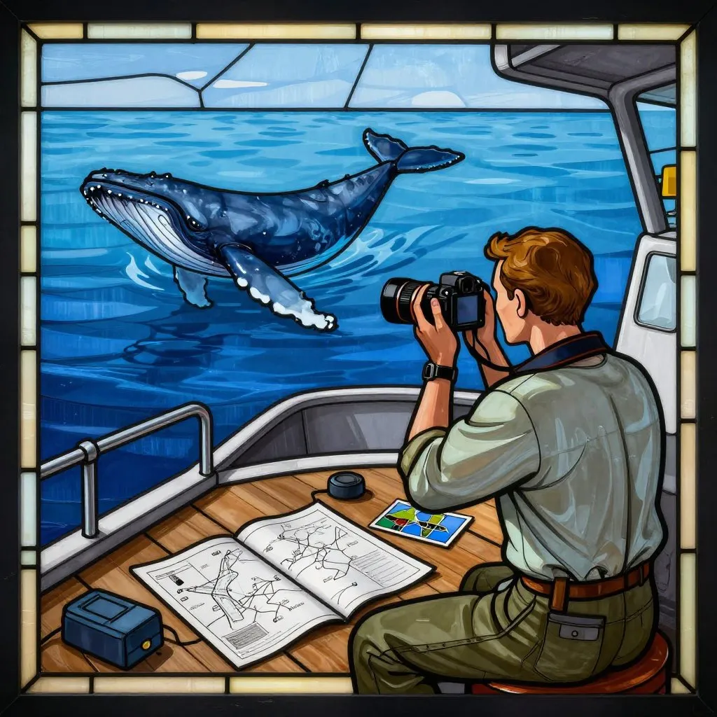 A researcher on a small research vessel holding a camera and photographing a whale's fluke in the distance, charts and photos spread on the deck, focused and methodical mood