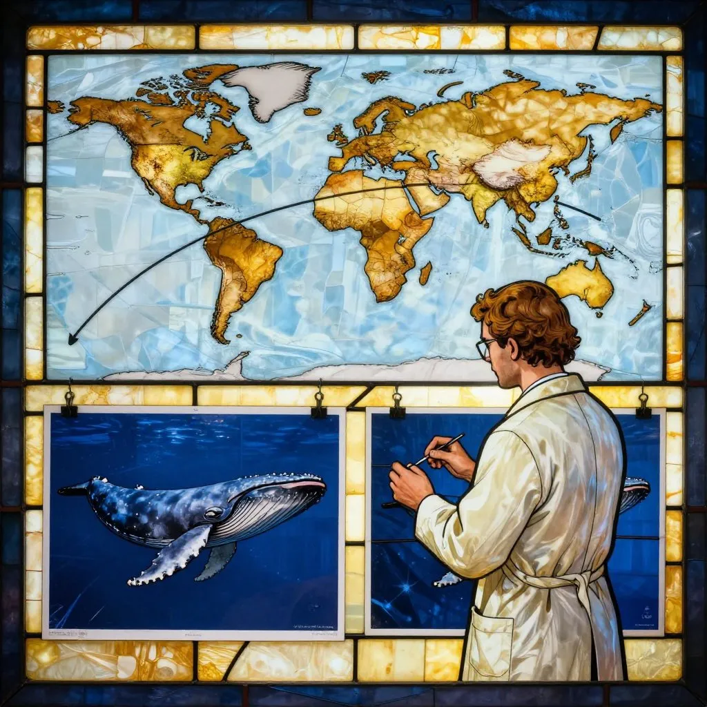 A scientist studying two side-by-side photographs of whale flukes pinned to a wall, a world map with a long curved line marked across it behind them