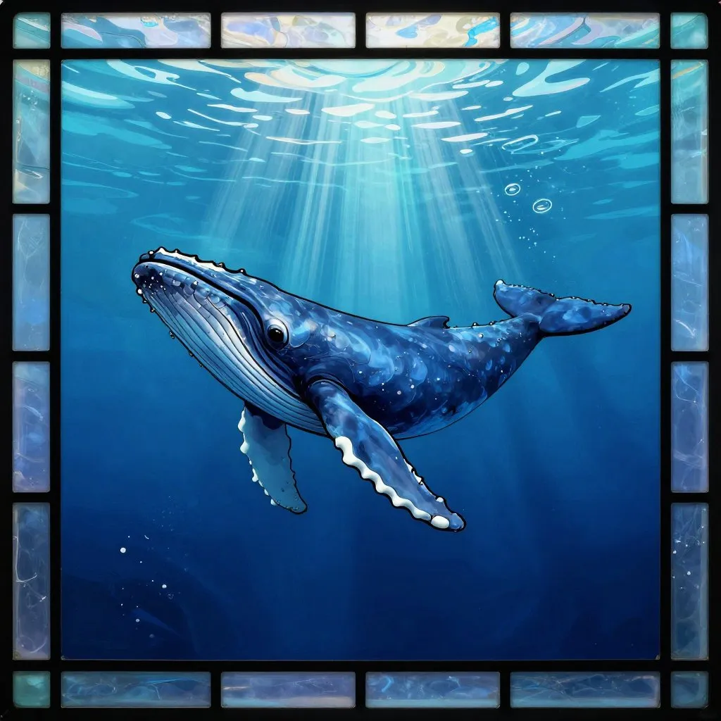 An underwater view of a humpback whale swimming alone through deep open water, light filtering down from far above, vast and solitary mood