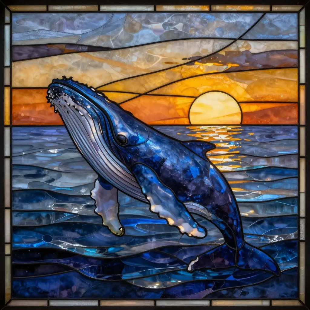 A humpback whale swimming toward the horizon at dusk, the ocean surface catching the last light, a sense of ongoing journey and mystery