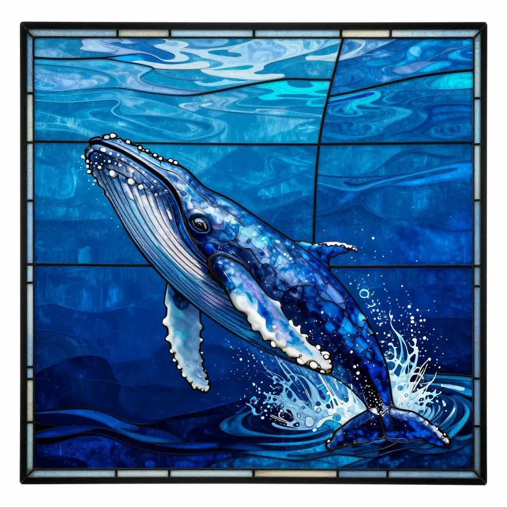 A massive humpback whale breaching the surface of a deep ocean, viewed from slightly above, three ocean basins suggested by shifting water tones in the background, awe-inspiring and ancient mood