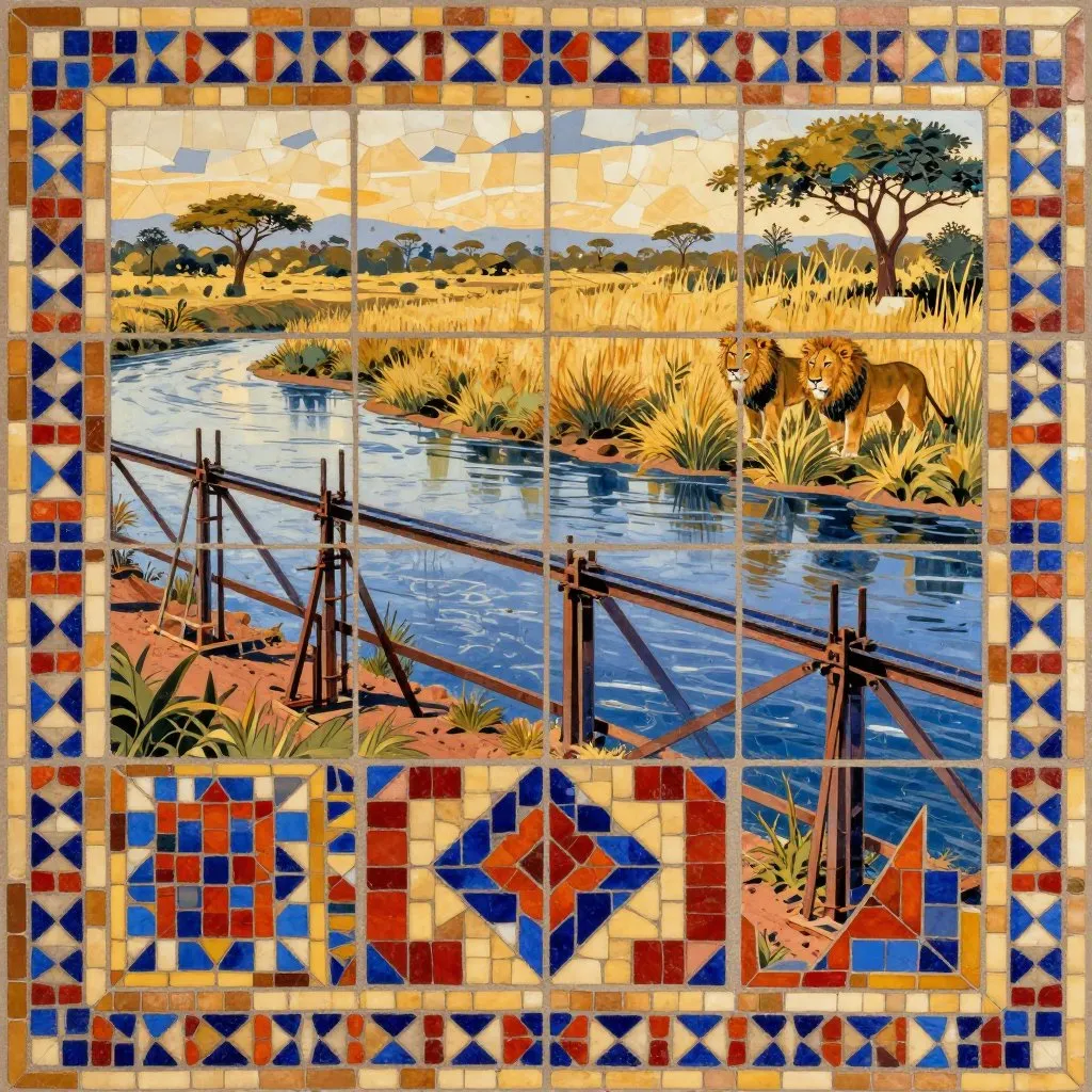 A wide view of the Tsavo River valley at golden hour with iron bridge construction stakes in the foreground and two lions watching from the tall grass in the distance