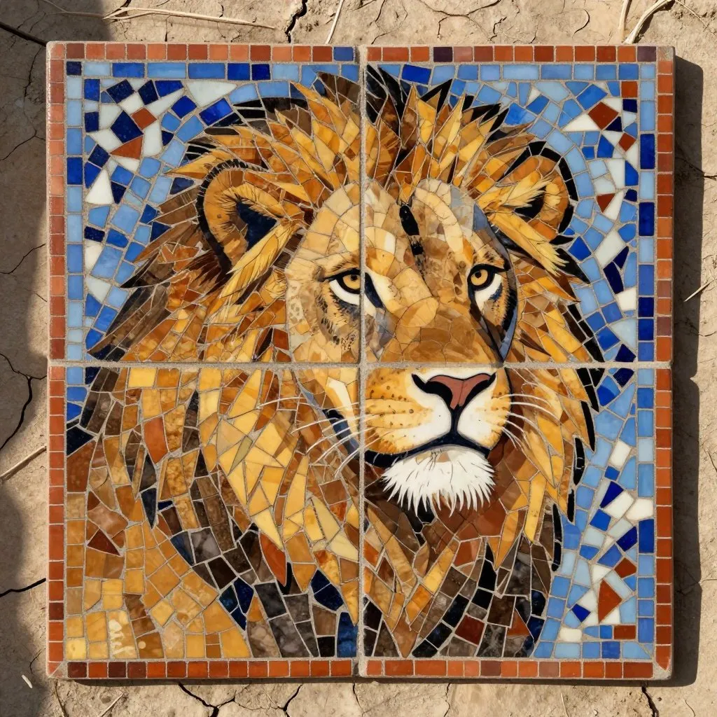 A close portrait of a lion with a pained expression, jaw slightly lowered, dry riverbed behind him, late afternoon light casting long shadows