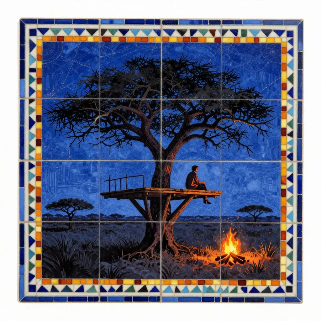 A man sitting alone on a wooden platform high in a thorn tree at night, a campfire visible far below, the savanna dark and vast around him