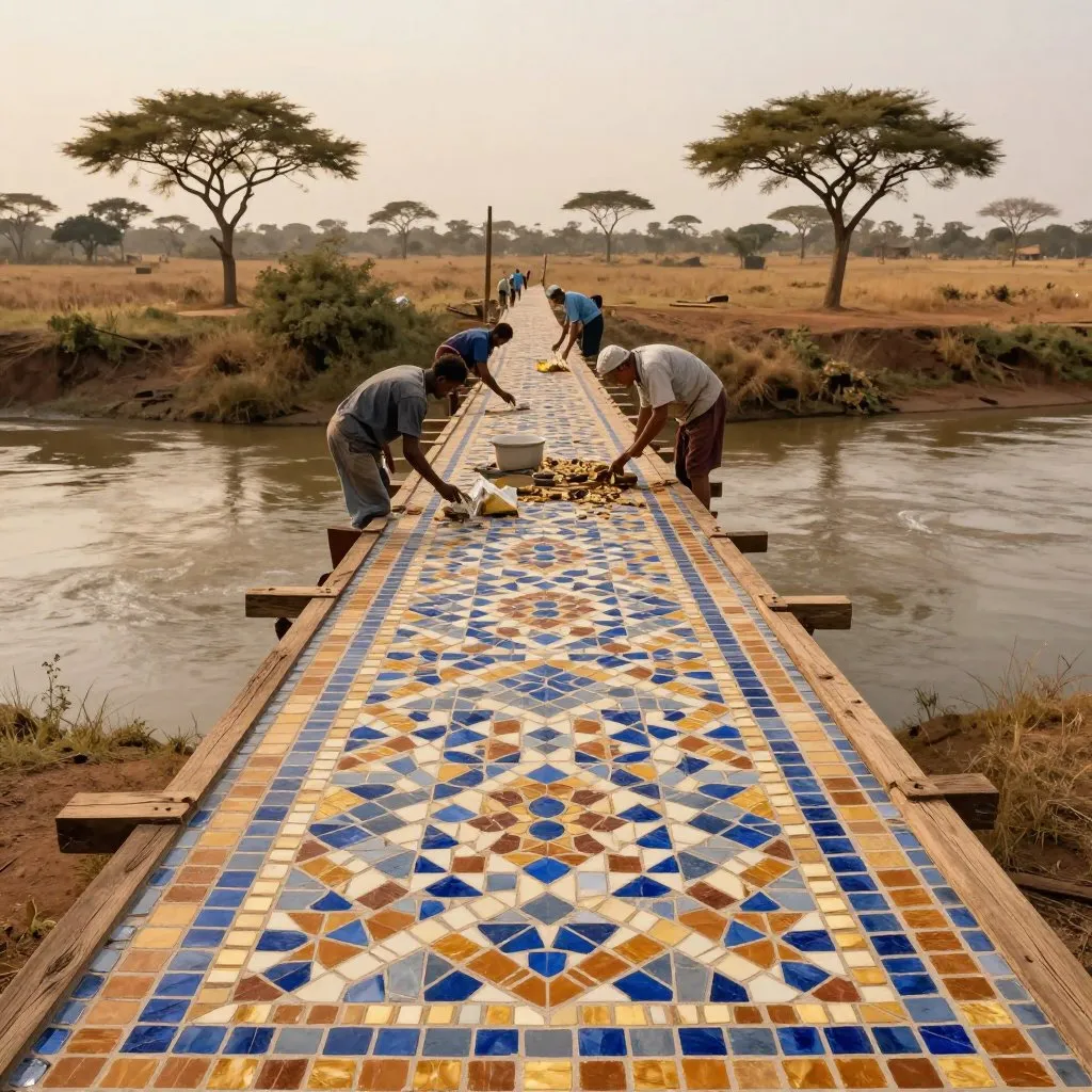 Workers completing a wooden bridge over the Tsavo River at dawn, the savanna quiet and empty around them, a sense of resumption after a long pause