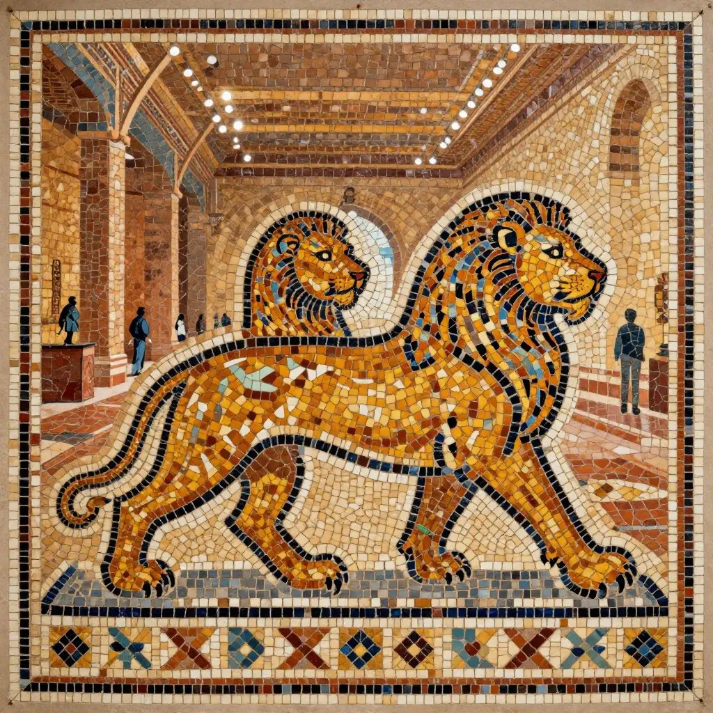 The two lion mounts on display in a museum hall under warm overhead lights, visitors small in the background, the lions caught mid-stride and still