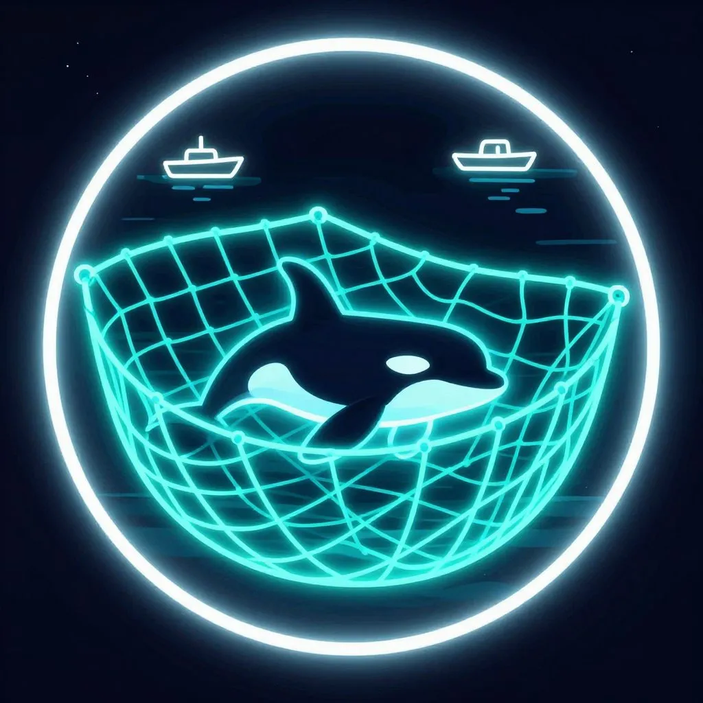 A young orca calf in a glowing teal net surrounded by dark water, small boats visible as bright white outlines above