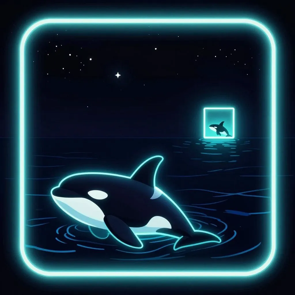 Two orcas: one in open dark ocean with stars above, one small and alone in a distant glowing rectangle, separated by miles of dark space