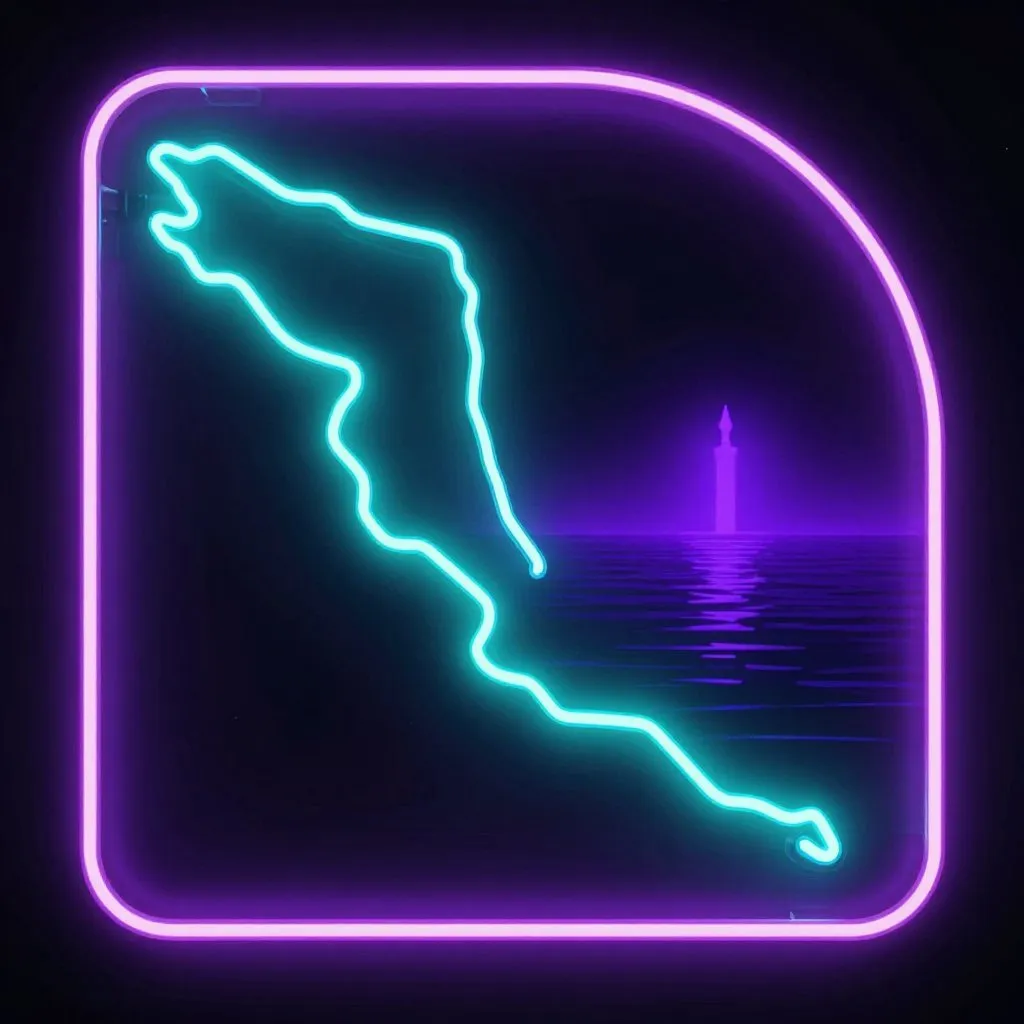 A glowing map of the Pacific Northwest coastline with a bright teal line tracing a path toward open water, a sea pen visible as a soft violet glow in the distance