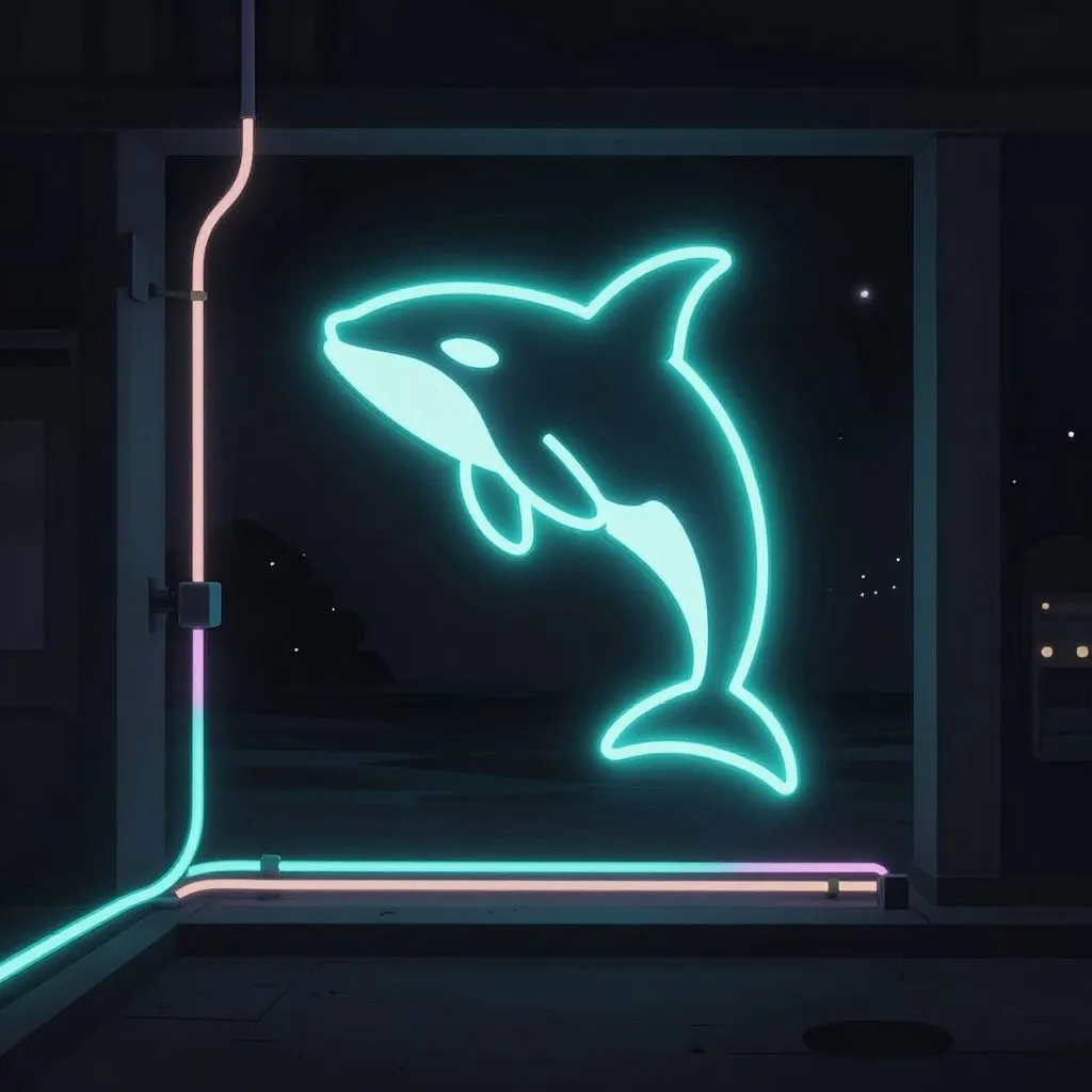 A single orca shape fading from bright teal to a dim glow against deep black water, the tank walls dark and still