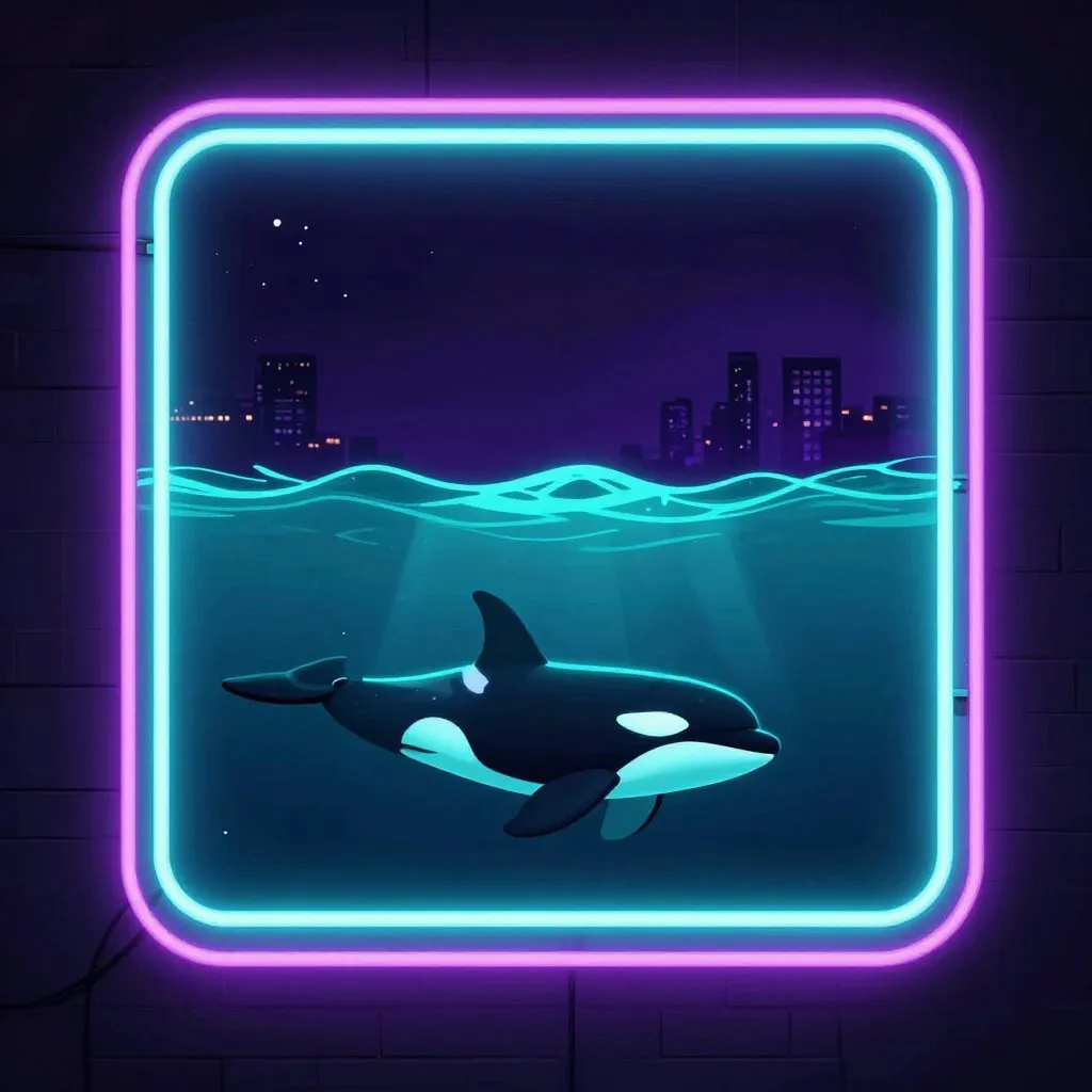 An orca pod moving through open water at night, their bodies glowing electric teal below the surface, the ocean vast and dark above them