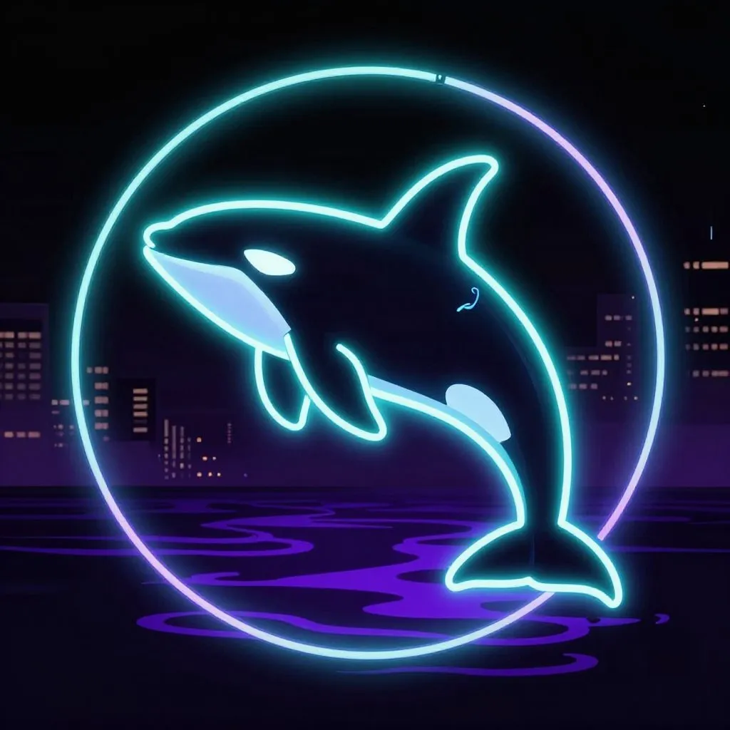 A massive orca silhouette rising from dark water, her outline traced in electric teal light against a black sky, violet glow reflecting on the water's surface