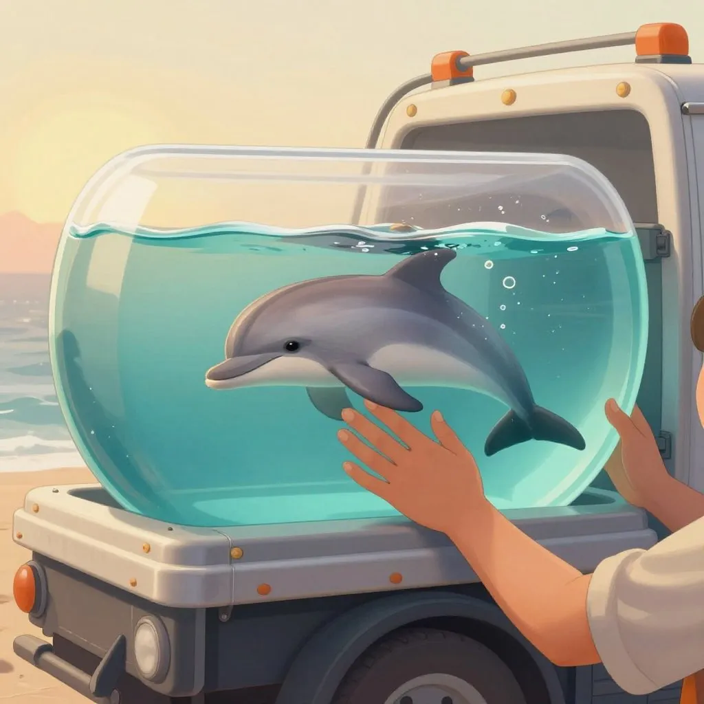 A tiny dolphin calf in a rescue transport tank on the back of a truck at dawn, a rescuer's hands steadying the water, urgent and tender mood
