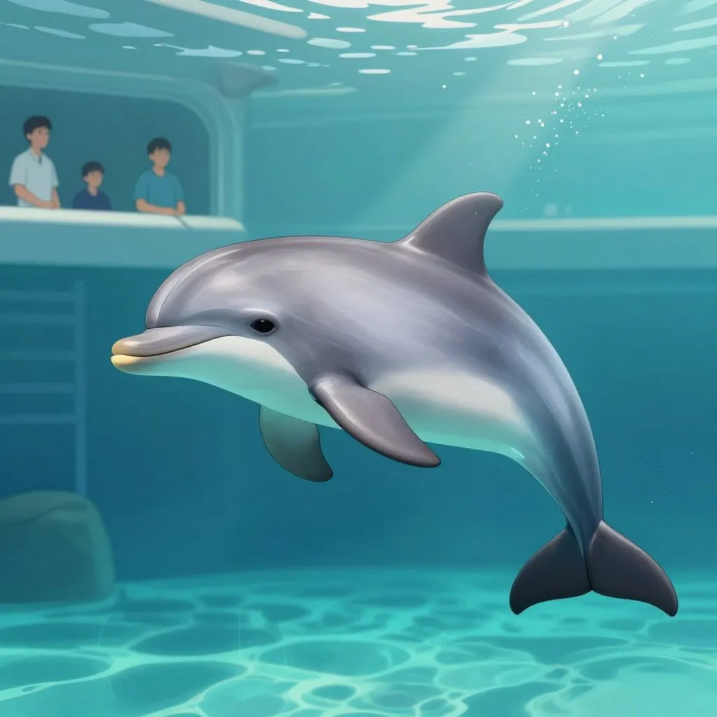 A young dolphin swimming in a rehabilitation pool with a visible healed tail amputation, aquarium staff watching from the edge, quiet determination mood
