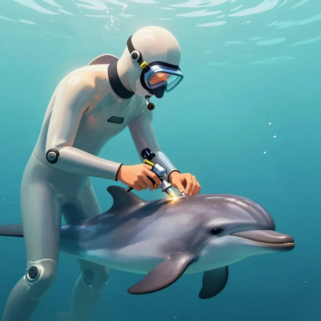 A prosthetist in a wetsuit carefully fitting a trial prosthetic sleeve onto a small dolphin in shallow water, focused and methodical mood