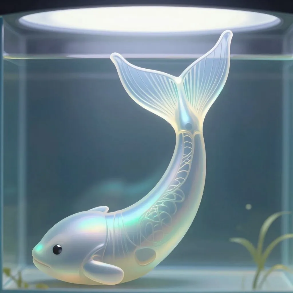 A close-up of a translucent silicone prosthetic tail being held up to aquarium light, intricate internal structure visible, precise and luminous mood
