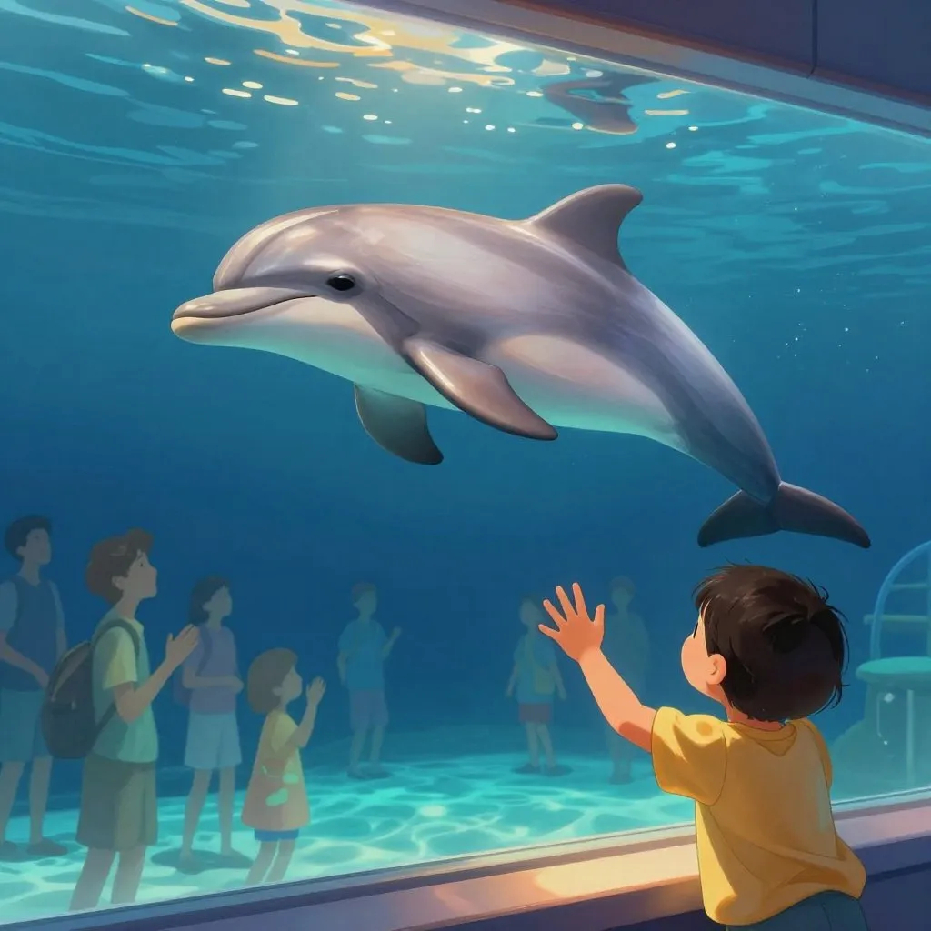 A dolphin swimming in a wide aquarium tank with a crowd of visitors watching through floor-to-ceiling glass, a child pressing their palm to the glass, joyful and warm mood