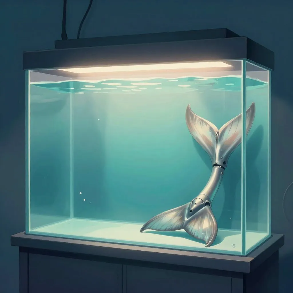 An aquarium tank at dusk, empty and still, light rippling on the water's surface, a prosthetic tail resting gently on a shelf nearby, quiet and memorial mood