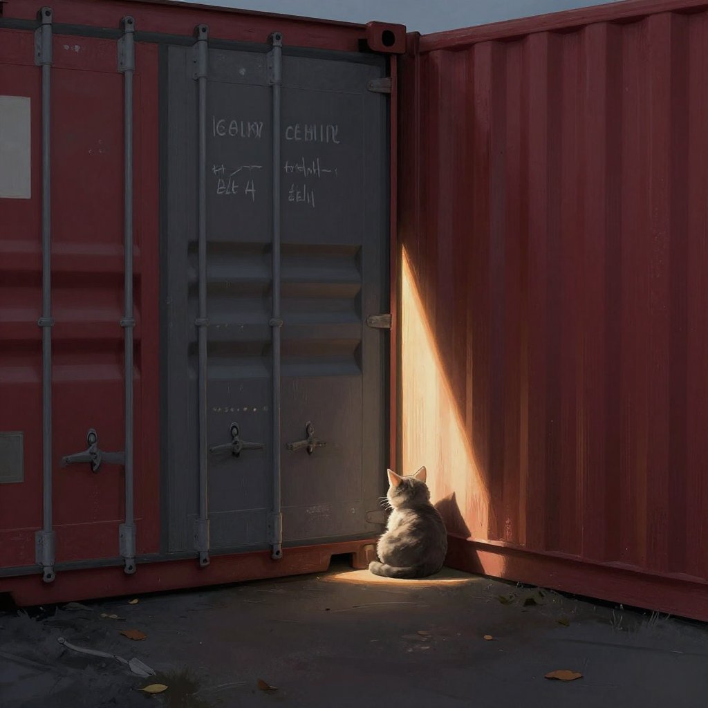 A small cat curled in the dark corner of a shipping container, a narrow beam of light finding her from a gap in the wall