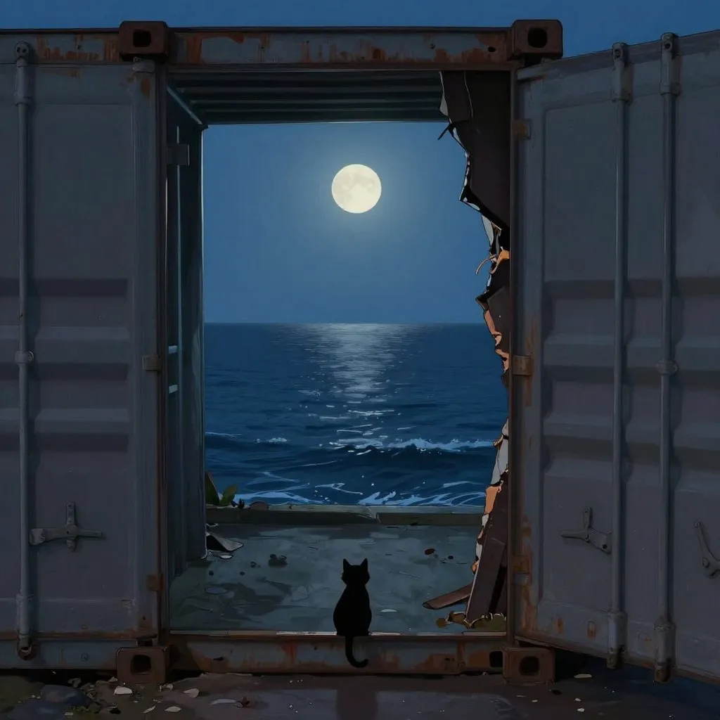 View from inside a shipping container looking out at a vast dark ocean through a narrow crack, a tiny cat silhouette in the foreground