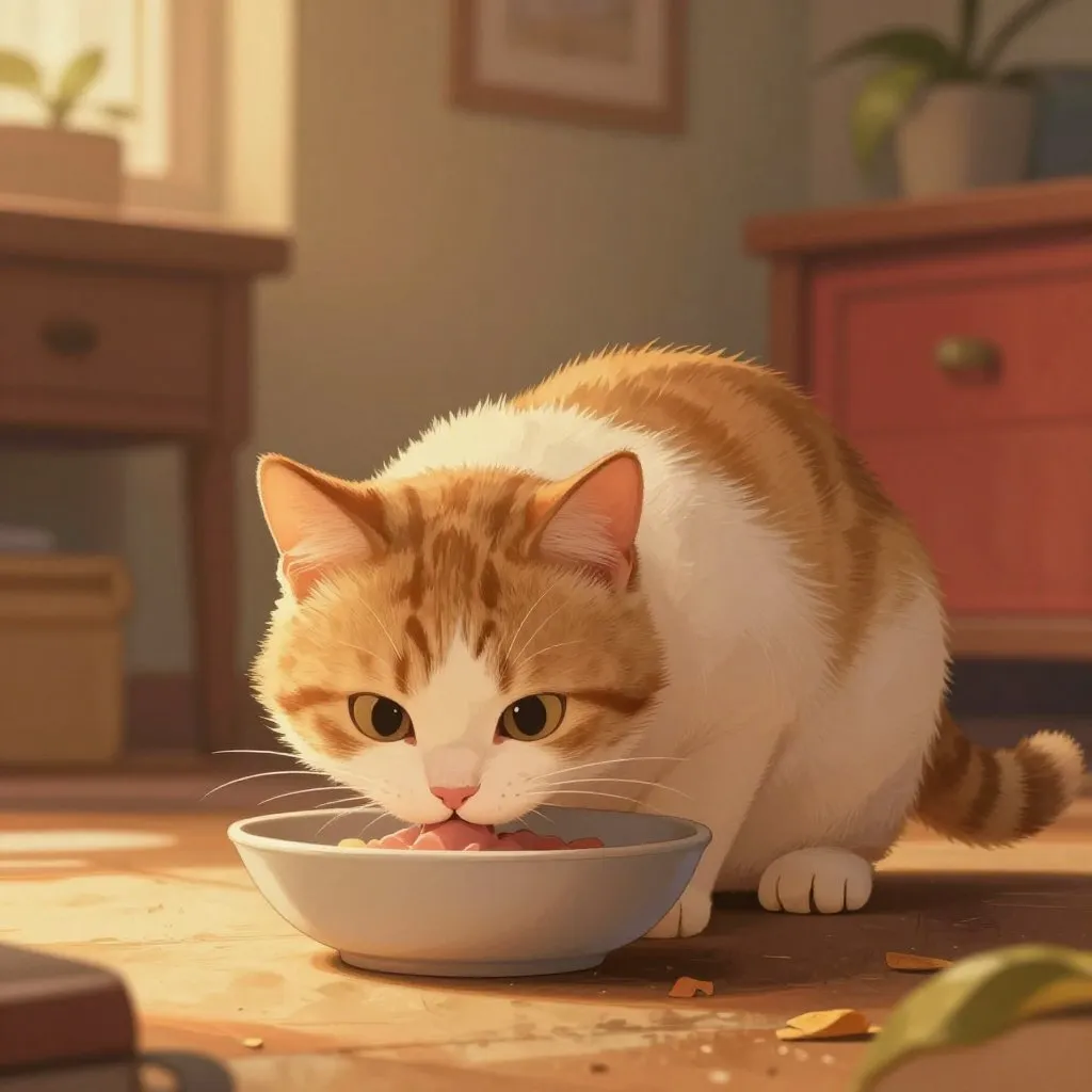 A small recovering cat eating carefully from a bowl, slowly gaining strength, cozy home setting, warm light
