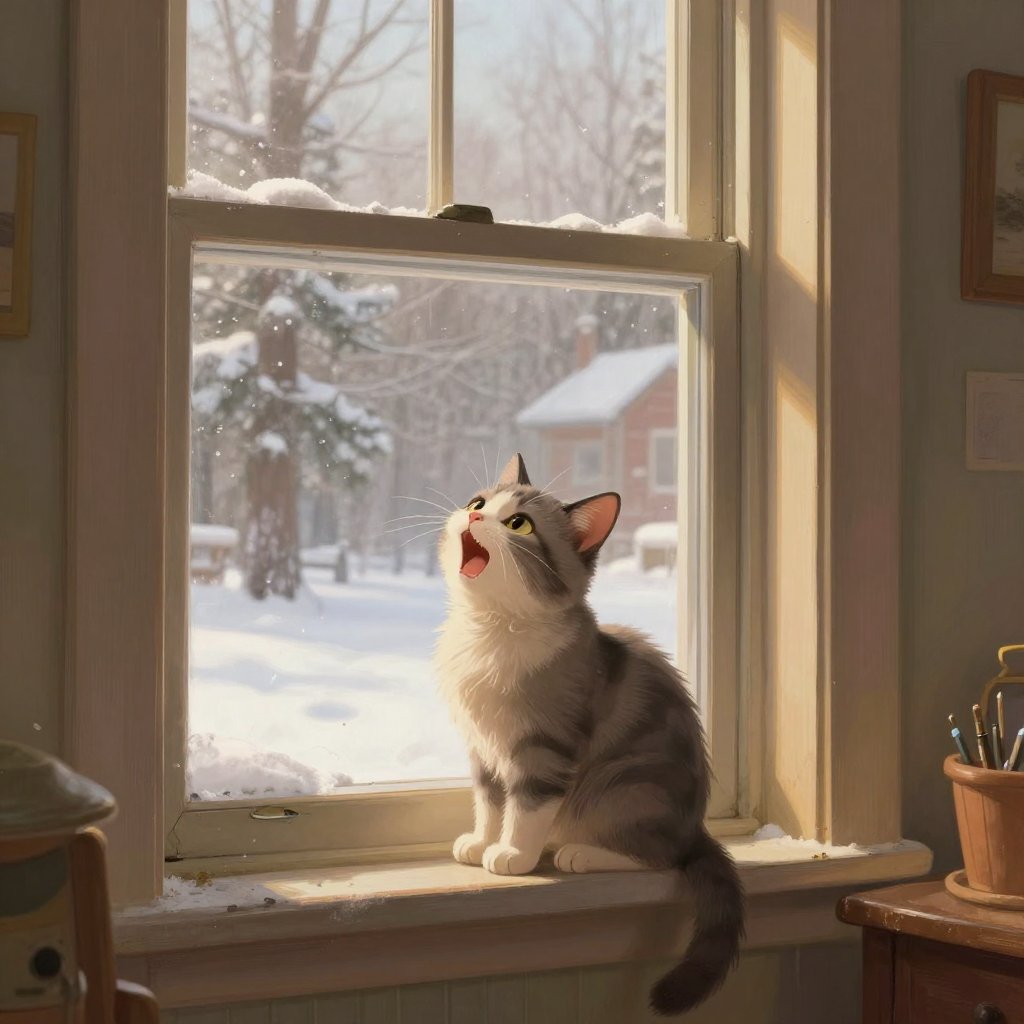 A small cat looking up with alert eyes toward a person calling her name, comfortable and safe in a warm home