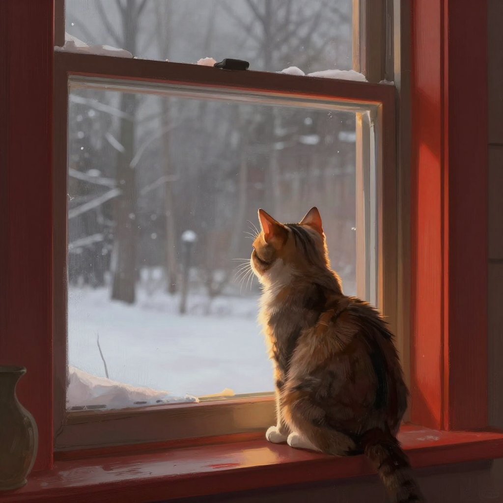 A small cat sitting on a Minnesota windowsill looking out at a grey winter sky