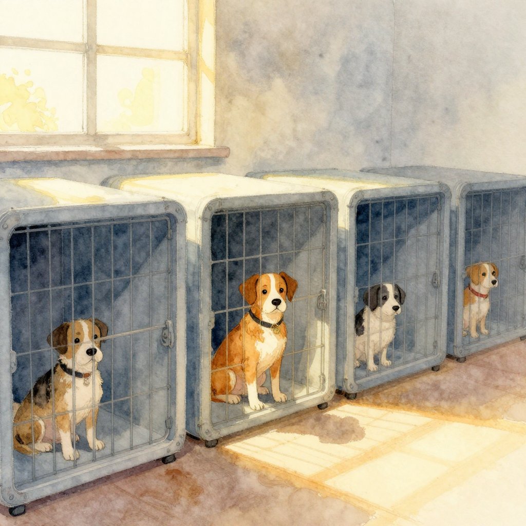 A row of shelter kennels, dogs in each one, a single dog sitting calm and attentive in the middle kennel, warm light from a window