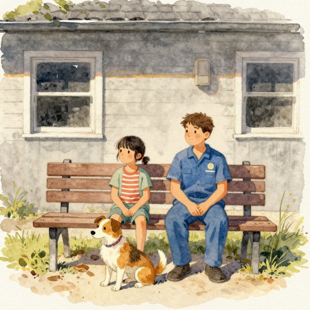 A shelter worker sitting beside a dog on a bench outside, both looking in the same direction, quiet companionship